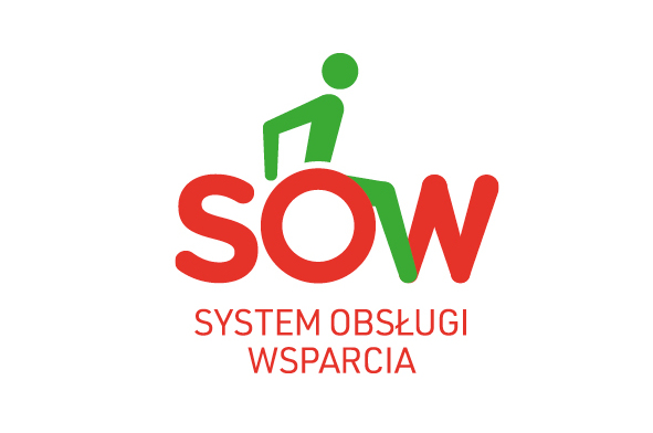 Pokaż zdjęcie: Logo Systemu Obsługi Wsparcia, skrót literowy SOW jest napisany czerwonymi drukowanymi literami, w literę O jest wpisana grafika osoba siedzącej na wóZku, litera O jest kołem wózka inwalidzkiego. Człowiek siedzący na wóZku jest zielony. Poniżej trzech liter SOW jest rozszerzenie nazwy pisane czerwoną czcionką i drukowanymi literami: SYSTEM OBSŁUGI WSPARCIA