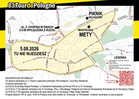 Mapa centrum Zielonej Góry z wyłączeniami w ruchu w dniach 3-5 sierpnia 2026