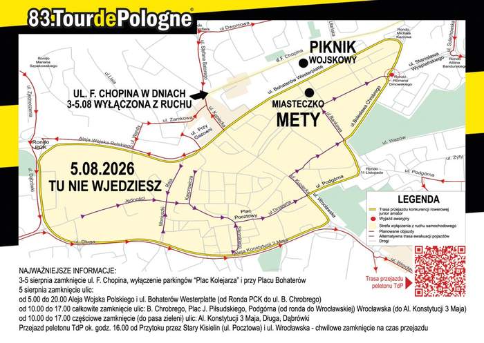 Pokaż zdjęcie: Mapa centrum Zielonej Góry z wyłączeniami w ruchu w dniach 3-5 sierpnia 2026