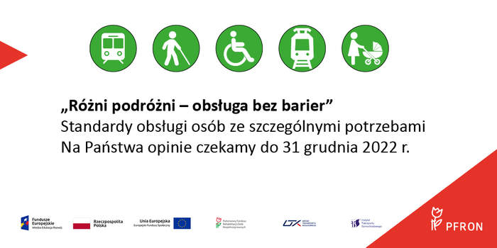 Pokaż zdjęcie: Z lewej strony widoczny jest czerwony trójkąt. Wskazuje on pięć piktogramów w kształcie zielonych kół. Zaprezentowane zostały na nich odpowiednio następujące symbole w kolorze białym, czyli: pociąg, osoba poruszająca się o kuli, osoba na wózku inwalidzkim, tramwaj oraz matka prowadząca wózek z dzieckiem. Poniżej widoczne jest następujące sformułowanie: „Różni podróżni – obsługa bez barier, jak również można dostrzec pozostałe informacje na temat prowadzonych konsultacji, które to zostały zawarte w treści niniejszej publikacji. Na samym dole umieszczone zostały logotypy: Funduszy Europejskich – Programu Wiedza Edukacja Rozwój, Rzeczpospolitej Polskiej, Unii Europejskiej – Europejskiego Funduszu Społecznego, Państwowego Funduszu Rehabilitacji Osób Niepełnosprawnych, Urzędu Transportu Kolejowego oraz Instytutu Transportu Samochodowego. Dodatkowo w prawym, dolnym rogu, na czerwonym trójkącie zostało uwzględnione ponownie logo PFRON w kolorze białym.