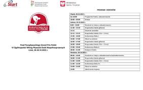 Pokaż zdjęcie: plakat promujący wydarzenie sportowe po prawej stronie znajduje się program zawodów w lewym górnym roku logo sponsorów imprezy