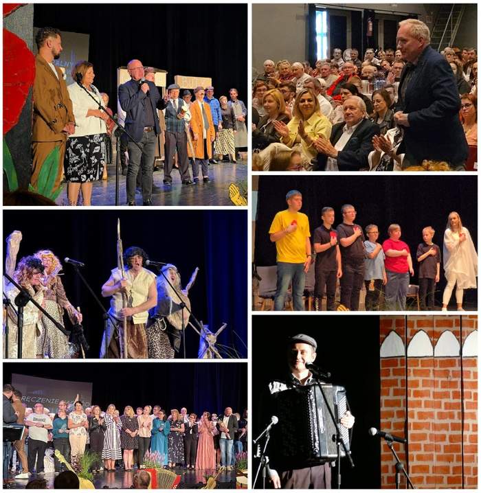 6 zdjęć przedstawiających uczestników i gości - kobiety i mężczyźni w strojach teatralnych i odświętnych