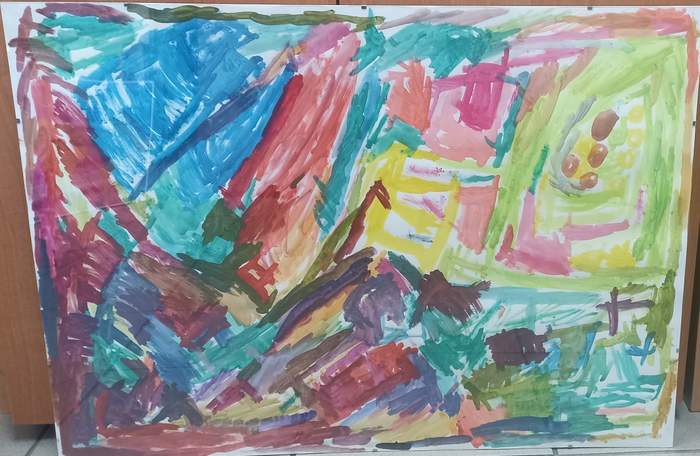 Pokaż zdjęcie: Praca malarska, która zwyciężyła w etapie wojewódzkim w kategorii Malarstwo i witraż, wiele kolorów, w temacie "Życie jest podróżą"