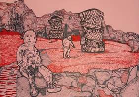 Pokaż zdjęcie: Dwie białe postacie, których zarys został narysowany cienkim, czarnym długopisem. Jedna siedzi na szarym kamieniu, druga stoi na środku. Podłoże ma kolor intensywnej czerwieni, momentami są białe prześwity. Z tyłu szare skały, a przed nimi dwa