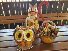 Pokaż zdjęcie: Prace plastyczne przedstawiające kota, imbryk i sowę wykonane z dyni i roślin