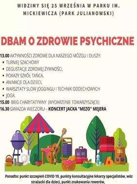 Pokaż zdjęcie: plakat promujący imprezę plenerową Dbam o zdrowie psychiczne, na plakacie zamieszczono informację z atrakcjami programu imprezy. Na dole plakatu zamieszczono rysunek z malowanymi treściami pikniku i zabawy. 