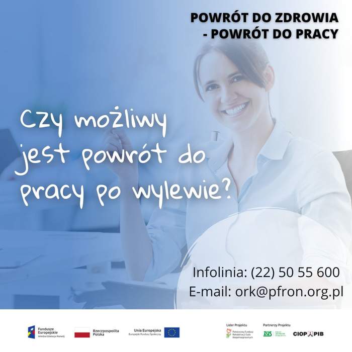Pokaż zdjęcie: Grafika promują projekt "Kompleksowa Rehabilitacja" w kolorze gł. niebieskim, z białymi treściami, uśmiechnietą kobietą na wózku inwalidzkim