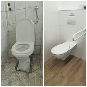 Pokaż zdjęcie: Dwa zdjęcia toalety. Na pierwszym toaleta przed remontem, na drugim po remoncie. Widać kontrast i wielką zmianę na lepsze. 