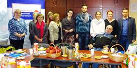 Zdjęcie grupowe: delegacja pracowników Fundacji "Hangi" z Gruzji oraz Dyrektor wraz z pracownikami merytorycznymi Oddziału Kujawsko-Pomorskiego Państwowego Funduszu Rehabilitacji Osób Niepełnosprawnych.