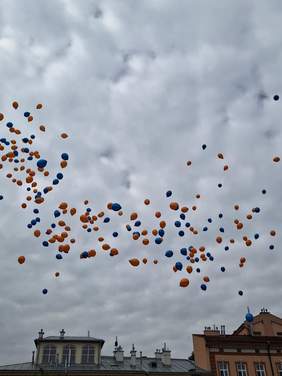 Balony niebieskie i pomarańczowe na tle pochmurnego nieba