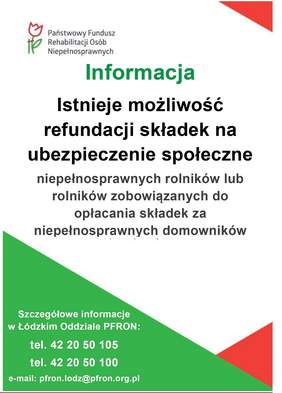 Pokaż zdjęcie: Ulotka informacyjna z logo PFRON o refundacji składek ZUS dla rolników