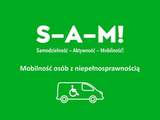 Grafika programu „S-A-M! Samodzielność – Aktywność – Mobilność!” z hasłem „Mobilność osób z niepełnosprawnością” oraz ikoną samochodu przystosowanego do przewozu osoby na wózku.