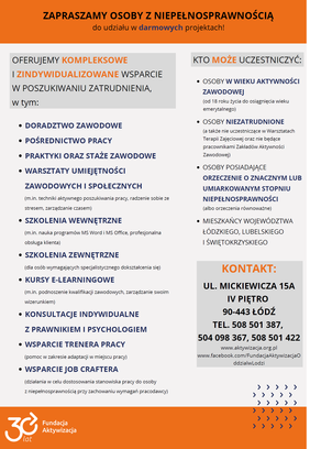 Pokaż zdjęcie: na zdjęciu zamieszczono informację o darmowych projektach adresowanych do osób z niepełnosprawnościami w zakresie aktywizacji zawodowej, które zostały wskazane w bieżącym komunikacie. Na dole umieszczono logo Fundacji Aktywizacja ze wskazaniem 30