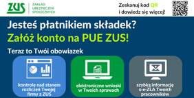 Pokaż zdjęcie: plakat z tłem ciemno niebieskim na którym zamieszczono informację  Jesteś płatnikiem ZUS załóż konto na platformie PUE ZUS. Teraz to Twój obowiązek