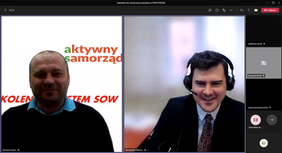 Pokaż zdjęcie: Ekran monitora z 2 okienkami prowadzących spotkanie