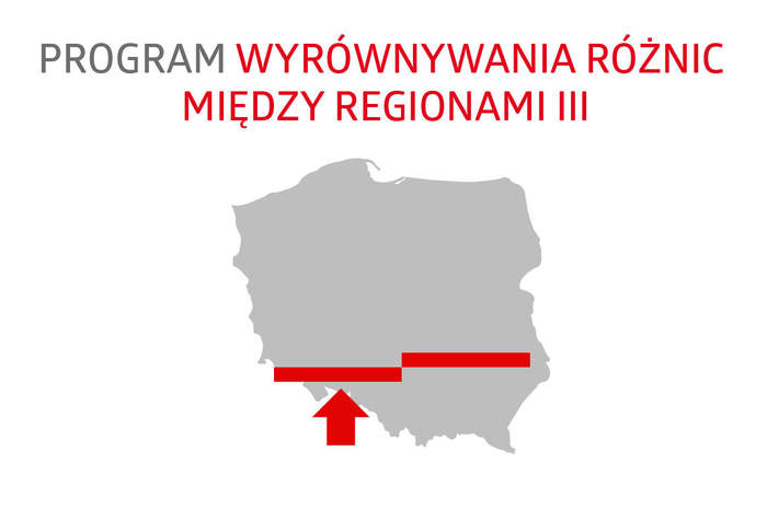 Pokaż zdjęcie: baner programu - kontur Polski, na nim dwa poziome prostokąty stykające się rogami. Pierwszy z nich jest niżej a pod nim strzałka do góry. 