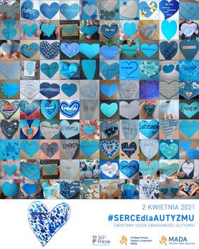 Pokaż zdjęcie: Plakat - kolaż zdjęć serc przesłanych do Oddziału Małopolskiego PFRON z okazji Światowego Dnia Świadomości Autyzmu. Na plakacie 100 zdjęć niebieskich serc oraz napis #SERCEdlaAUTYZMU