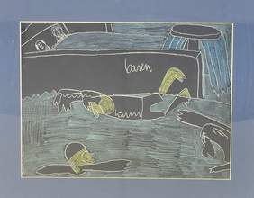 Pokaż zdjęcie: W basenie pływają 3 uśmiechnięte osoby, dwie postacie siedzą obok w jakuzi.  Praca wykonana na granatowym tle. Narysowana pastelą w kolorach morskich.