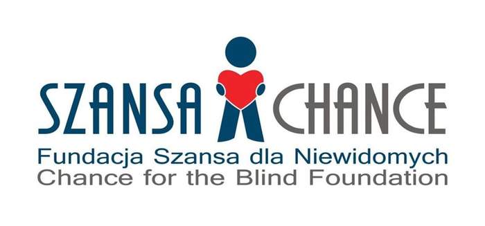 Pokaż zdjęcie: Logo z napisem Fundacja Szansa dla Niewidomych nad nazwą Fundacji napisano dużymi literami szansa i chance pomiędzy wyrazami jest postać trzymająca w rękach serce