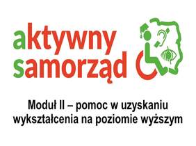Pokaż zdjęcie: plakat  promujący program PFRON dofinsujący naukę na pozimie wyższym. Na górze widnieje napis aktywny samorząd po prawej stronie umieszczono kontury Polski na której są symbole pomagające osobom z niepełnosprawnościmi ze względu na słuch,wzro