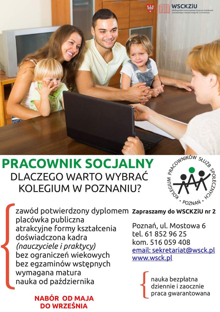 Pokaż zdjęcie: Plakat promujący bezpłatne kształcenie w zawodzie pracownik socjalny w Kolegium Pracowników Służb Społecznych w Poznaniu
