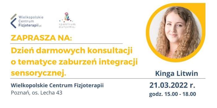 Pokaż zdjęcie: Po prawej stronie, w żółtej obręczy widnieje zdjęcie uśmiechniętej kobiety. Na górze umieszczony został logotyp organizatorów wydarzenia oraz następujące sformułowanie: „Dzień darmowych konsultacji o tematyce zaburzeń integracji sensorycznej”. Poniżej zamieszczone zostały pozostałe informacje na temat wydarzenia, które można znaleźć w treści niniejszej publikacji.