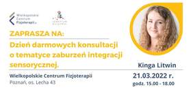 Pokaż zdjęcie: Po prawej stronie, w żółtej obręczy widnieje zdjęcie uśmiechniętej kobiety. Na górze umieszczony został logotyp organizatorów wydarzenia oraz następujące sformułowanie: „Dzień darmowych konsultacji o tematyce zaburzeń integracji sensorycznej”. Poniżej zamieszczone zostały pozostałe informacje na temat wydarzenia, które można znaleźć w treści niniejszej publikacji.