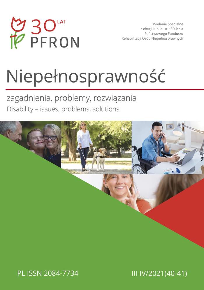 Okładka Kwartalnika, napis Kwartalnik „Niepełnosprawność – zagadnienia, problemy, rozwiązania”, Wydanie Specjalne z okazji jubileuszu 30-lecia Państwowego Funduszu Rehabilitacji Osób Niepełnosprawnych, po lewej stronie jubileuszowe logo PFRON, pod napisami cztery grafiki i zielono-czerwone elementy