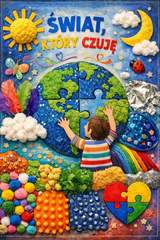 Ilustracja przedstawia dziecko stojące tyłem i układające puzzle tworzące kulę ziemską. Wokół znajdują się elementy o różnych fakturach: słońce, księżyc, chmury, tęcza, biedronka oraz kolorowe materiały i kształty przypominające pracę sensoryczną.