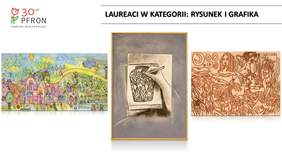 Pokaż zdjęcie: Grafika prezentująca prace laureatów z Wielkopolski nagrodzone na etapie regionalnym, w kategorii rysunek i grafika, w ramach XIX edycji konkursu plastycznego „Sztuka Osób Niepełnosprawnych” - opisy zdjęć są przypisane osobno do każdej z prac