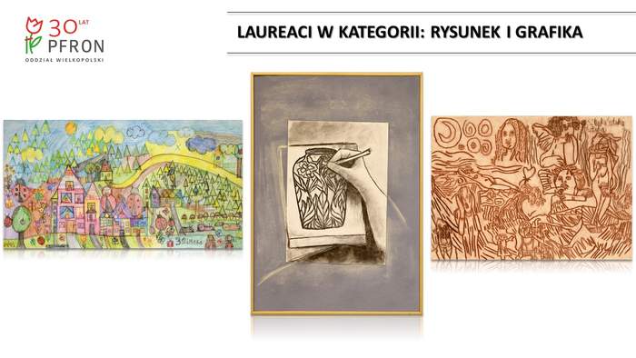 Pokaż zdjęcie: Grafika prezentująca prace laureatów z Wielkopolski nagrodzone na etapie regionalnym, w kategorii rysunek i grafika, w ramach XIX edycji konkursu plastycznego „Sztuka Osób Niepełnosprawnych” - opisy zdjęć są przypisane osobno do każdej z prac