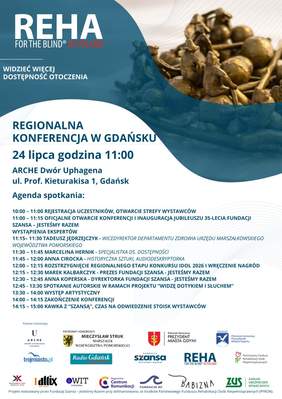 Pokaż zdjęcie: Plakat konferencji regionalnej REHA for the Blind in Poland w Gdańsku. Niebiesko-biała grafika z fotografią metalowych figurek u góry, informacjami o terminie, miejscu, programie wydarzenia oraz logotypami partnerów na dole.