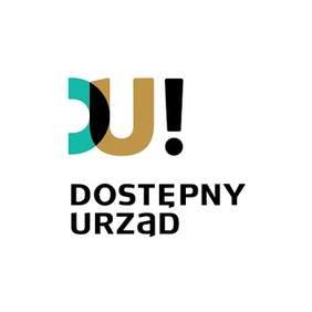 Pokaż zdjęcie: Na białym tle widnieją: prawe półkole litery D nachodzące na literę U oraz wykrzyknik. Nieco niżej możemy dostrzec następujące sformułowanie: „Dostępny Urząd”.