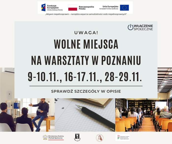 Pokaż zdjęcie: Grafika promująca bezpłatne regionalne warsztaty upowszechniające Standardy funkcjonowania Warsztatów Terapii Zajęciowej