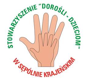 Pokaż zdjęcie: Grafika z napisem Stowarzyszenie "Dorośli-Dzieciom" w Sępólnie Krajeńskim przedstawiająca dłoń dziecka przyłożoną do dłoni dorosłego
