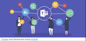 Grafika przedstawiająca Teamsa: na fioletowym tle postacie połączone liniami z grafiką Teamsa, wokół chmurki z symbolami telefonów, notatek, obrazów, Lubię to,