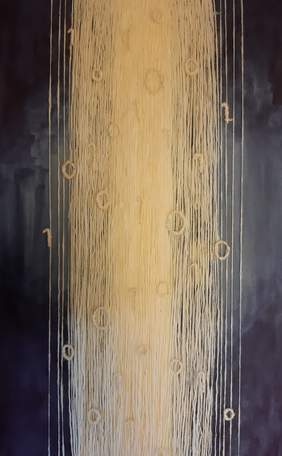 Pokaż zdjęcie: Po prawej i lewej stronie grafitowe z odcieniem stalowym tło. Na środku namalowane pionowe cienkie pasy w kolorze cielistym, łączące się w jednolitą całość. Na pasach wkomponowano okręgi w ciemniejszym odcieniu zgaszonej żółci (słomkowy).