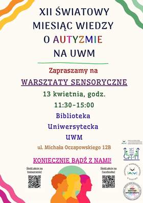 Plakat w jasnych barwach z informacją o wydarzeniu, ozdobnymi falami, grafiką kolorowych sylwetek ludzi na dole oraz kodami QR i logotypami po bokach.