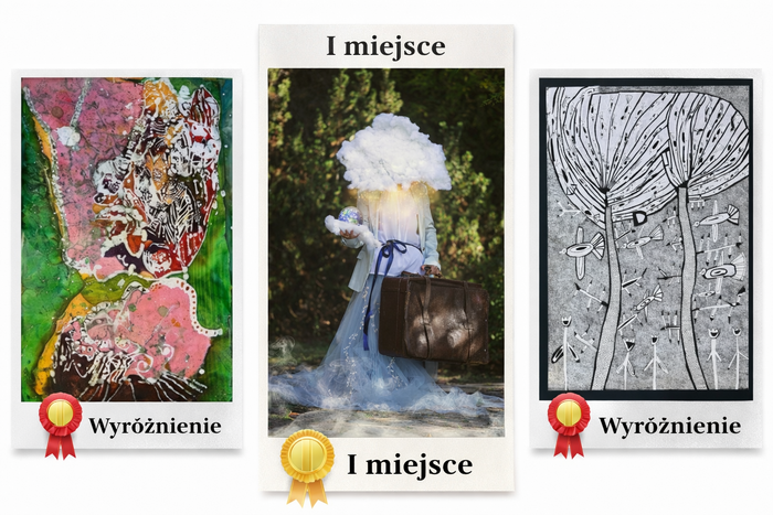 Pokaż zdjęcie: Grafika prezentująca trzy nagrodzone prace konkursowe z oznaczeniem "I miejsce" oraz "wyróżnienie; w centrum fotografia postaci z głową w formie chmury trzymającej walizkę, po bokach kolorowa abstrakcyjne kompozycja oraz czarno-biała grafika z drzewami i symbolicznymi postaciami.