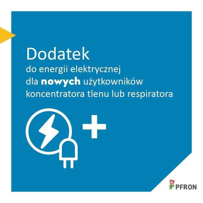 Pokaż zdjęcie: Grafika w kolorze niebieskim z białymi napisami informująca o dodatku do energii elektrycznej