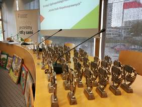 Pokaż zdjęcie: Statuetki dla uczestników opolskiego etapu XV Ogólnopolskiego Konkursu Plastycznego „Sztuka Osób Niepełnosprawnych”