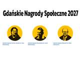 Grafika  „Gdańskie Nagrody Społeczne 2027” z trzema żółtymi portretami i nazwami nagród: im. Aliny Pienkowskiej, Lecha Bądkowskiego oraz Pawła Adamowicza.
