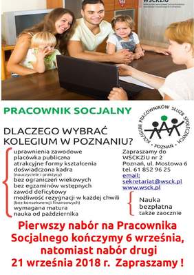 Pokaż zdjęcie: Plakat promujący bezpłatne kształcenie w zawodzie pracownik socjalny w Kolegium Pracowników Służb Społecznych w Poznaniu