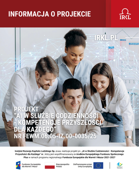 Na zdjęciu cztery osoby wspólnie korzystają z laptopa i tabletu, a w tle widoczne są graficzne elementy nawiązujące do nowych technologii i sztucznej inteligencji.