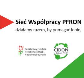 Grafika w kolorach PFRON z napisem dotyczącym sieci współpracy CIDON oraz logo PFRON i CIDON