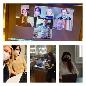 Pokaż zdjęcie: Pracownicy Środowiskowego Centrum Zdrowia Psychicznego oraz Klubu Samopomocy w Wieliczce. Kolaż trzech zdjęć. Na każdym są pracownicy w maseczkach przy biurkach lub komputerach. Prowadzą zajęcia on-line