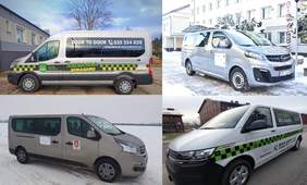 Pokaż zdjęcie: Cztery busy z bocznego profilu, biały, dwa w odcieniach szarości i jeden jasno niebieski