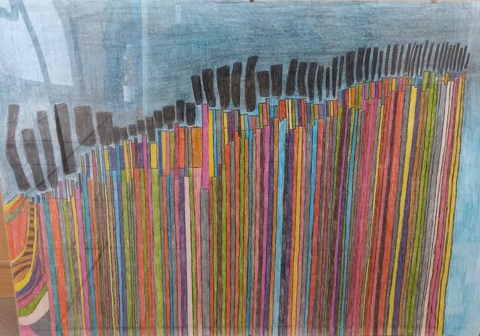 Pokaż zdjęcie: Praca rysunkowa, która zdobyła Wyróżnienie drugie w etapie wojewódzkim konkursu "Sztuka Osób Niepełnosprawnych"