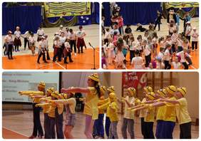 Pokaż zdjęcie: Trzy sceny z festiwalu dla dzieci: na pierwszym zdjęciu grupa dzieci w białych koszulkach i czapkach występuje na scenie w sali gimnastycznej; na drugim – dzieci tańczą razem na parkiecie, niektóre przebrane, a w tle widać postacie z bajek, m.in. Myszka Miki; na trzecim zdjęciu dzieci ubrane jak Minionki, w żółtych koszulkach, czapkach i rękawiczkach, wykonują taniec synchroniczny na tle prezentacji.