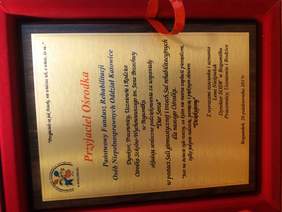 Dyplom Przyjaciel Ośrodka dla Śląskiego Oddziału PFRON